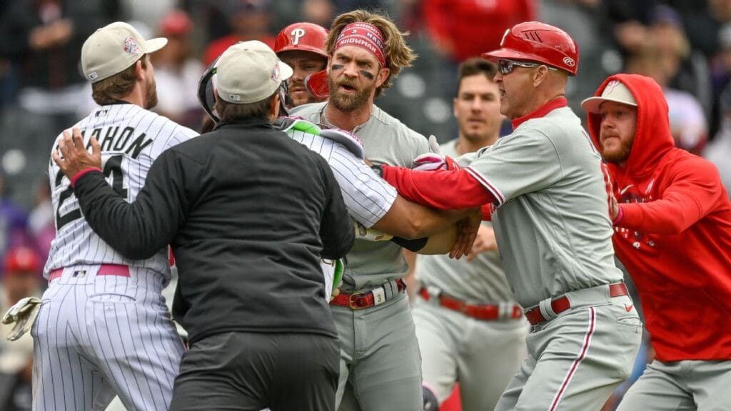 Phillies’ Bryce Harper ejected after charging Rockies dugout Phillies' Bryce Harper ejected after charging Rockies dugout